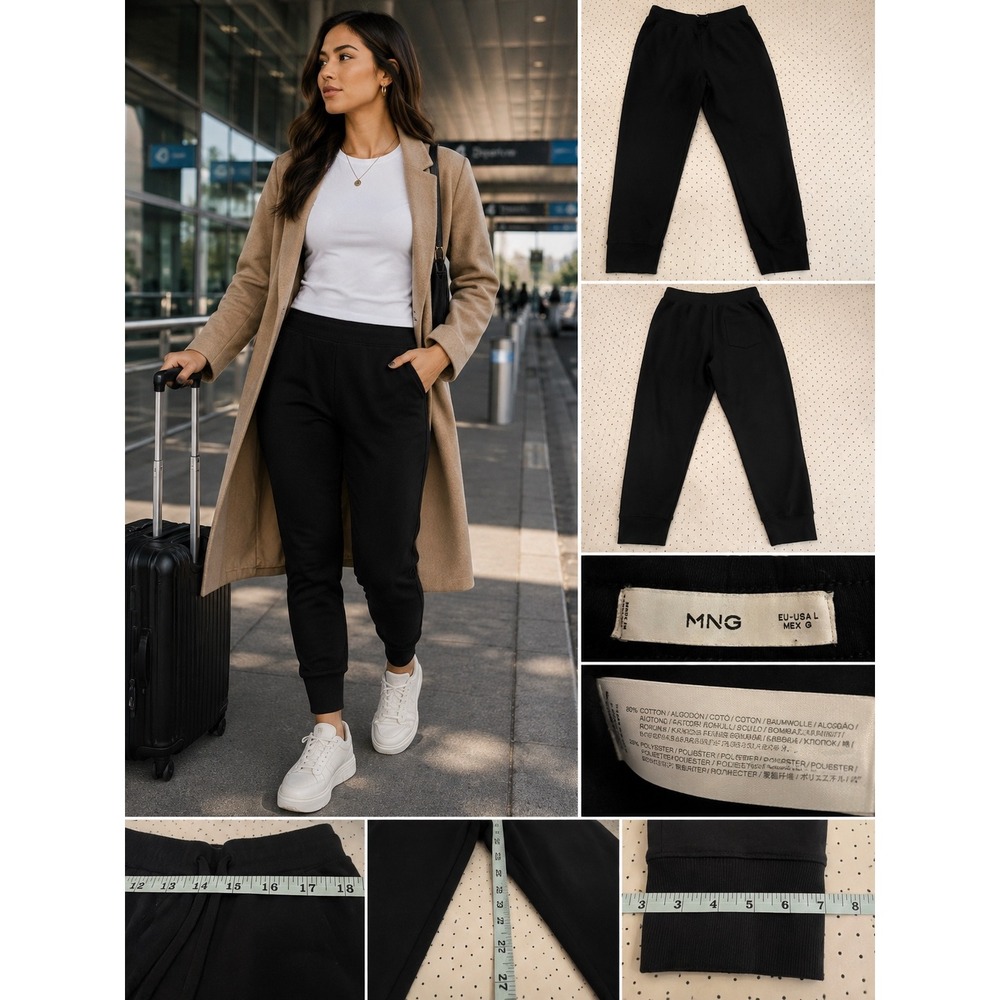 MNG Mango Women L Black Tapered Jogger Pants Cotton Blend Ribbed Cuff Sweatpants
